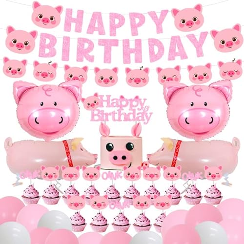 Schwein-Geburtstagsfeier-Dekorationen liefert rosa Schwein-Happy Birthday-Banner, Girlande, Kuchendekoration, gehende Schweineballons für Mädchen, Geburtstag, Babyparty von Balterever