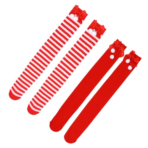 Baluue 2 Paare Weihnachts Kniestrümpfe Over Knee Socken mit Schleifen und Bommel Weiche Polyester Christmas Long Stockings für Xmas Party Karneval Kostüm und Alltag Dehnbar und Angenehm von Baluue
