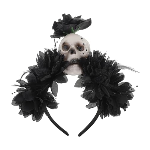 Baluue Dunkles Totenkopf Haarreifen mit Blumenkranz Leichter Day Of Dead Haarschmuck für Frauen Halloween Stirnband Komfortables Party-accessoire für Gruselige Kostüm-looks von Baluue
