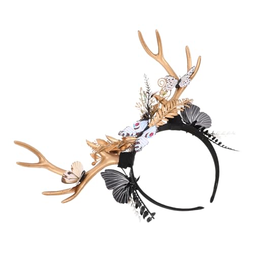 Baluue Extravaganter Geweih-Kopfschmuck Haarreif mit Schmetterlingsblumen Leichtes Party Accessoire für Weihnachten Halloween Vielseitiger Schmuck für Festliche Anlässe von Baluue