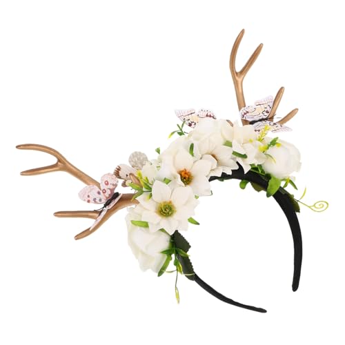 Baluue Leichtes Hirschgeweih Haarreif mit Schmetterling Blumen Dekor Vielseitiger Party Kopfschmuck für Mädchen Festlicher Rentier Antler Headband für Weihnachten Halloween Cosplay von Baluue