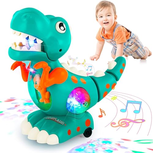Bambebe Krabbelnde Dinosaurier Baby Spielzeug ab 1 Jahr, Musik Spielzeug mit Lichter und Automatischer Erkennung um Hindernisse zu Vermeide, Interaktives Baby Musikspielzeug für Jungen Mädchen von Bambebe