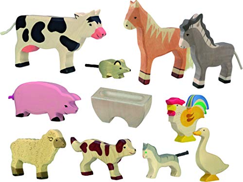Holztiger Bauernhoftiere Set - 11 Spielfiguren aus Holz, Pferd, Kuh, Esel, Schaf, Schwein, Hahn, Gans, Hund, Katze und Maus, mit Futterkrippe, handbemalte Spielzeugtiere für Kinder, Made in Europe Holztiger Bauernhoftiere Set - 11 Spielfiguren aus Holz, Pferd, Kuh, Esel, Schaf, Schwein, Hahn, Gans, Hund, Katze und Maus, mit Futterkrippe, handbemalte Spielzeugtiere für Kinder, Made in Europe von Bambilino