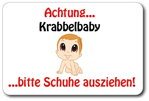 Bambinellas Wand-/Türschild Achtung! Krabbelbaby … Bitte Schuhe ausziehen! - Junge mit braunen Haaren von Bambinella