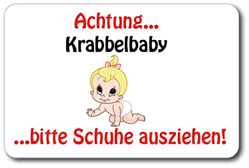Bambinellas Wand-/Türschild Achtung! Krabbelbaby … Bitte Schuhe ausziehen! - Mädchen mit blonden Haaren von Bambinella