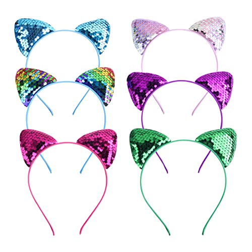 6 Stück wendbare Pailletten Katzenohren Stirnband Haarbänder Hoops Cosplay Requisiten Haarschmuck für Frauen Mädchen Kinder Mehrfarbig von Bamboopack