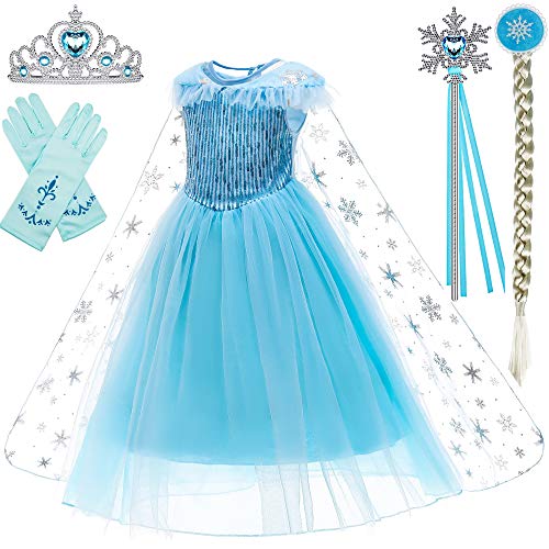 BanKids ELSA Kleid Mädchen Kostüm Cosplay Kostüme Weihnachten Halloween Fest mit Umhang Krone Zauberstab 6-7Jahre(140CM,D56) von BanKids