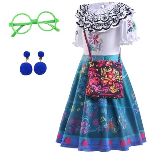 BanKids Encanto Kleid Mirabel Kostüm für Mädchen Madrigal Cosplay Outfits Dress Up Mit Tasche Brille Ohrringe 4-5 Jahre(Q18,110CM) von BanKids