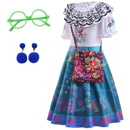 BanKids Encanto Kleid Mirabel Kostüm für Mädchen Madrigal Cosplay Outfits Dress Up Mit Tasche Brille Ohrringe 6-7 Jahre(Q18,130CM) von BanKids