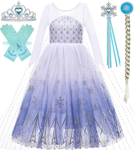 BanKids Kinderkostüm Frozen 2 ELSA Kostüm Mädchen Prinzessin Kleid mit Perücke, Krone, Streitkolben, Handschuhen 5-6 Jahre (120,K57) von BanKids