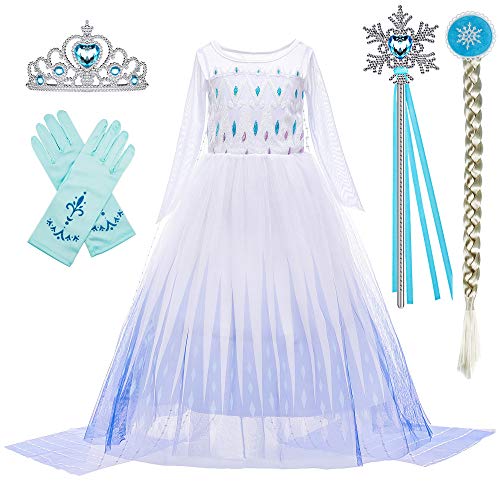 BanKids Kinderkostüm Frozen 2 ELSA Kostüm Mädchen Prinzessin Kleid mit Perücke, Krone, Streitkolben, Handschuhen 6-7 Jahre (130,K11) von BanKids