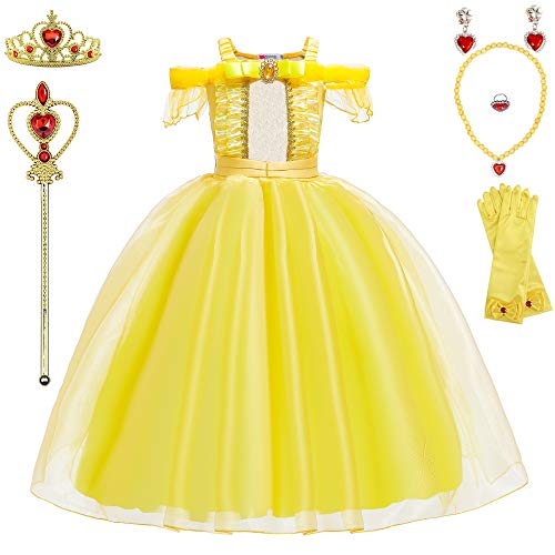 BanKids Mädchen Kostüme Karneval Belle Kostüm Prinzessin Kleid Cosplay Kostüm Kinder Halloween Party 6-7 Jahre(140,Q98) von BanKids