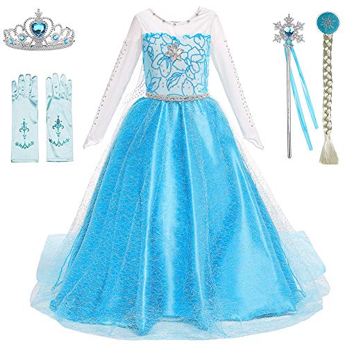 BanKids Prinzessin Elsa Kostüm Geburtstagsfeier Dress Up für kleine Mädchen mit Perücke, Krone, Zauberstab, Handschuhe 8-9 Jahre(150,Q89) von BanKids