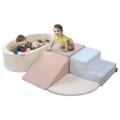 BanaSuper Schaumstoff-Kletterblöcke für Kinder, Baby Schaumstoff Bausteine XXL mit Bällebad, Kletterblöcke mit Bällepool (Kein Ball), Kinder Softplay-Set mit Ballgrube, EN71-zertifiziert, Blau Rosa von BanaSuper