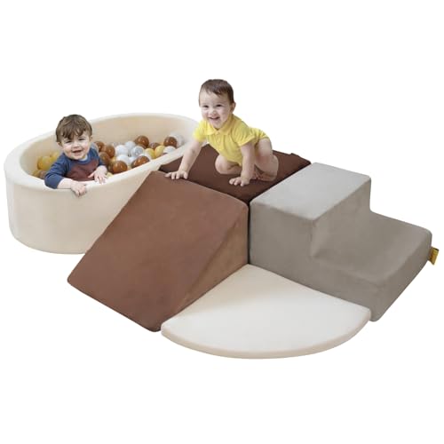 BanaSuper Schaumstoff-Kletterblöcke für Kinder, Baby Schaumstoff Bausteine XXL mit Bällebad, Kletterblöcke mit Bällepool (Kein Ball), Kinder Softplay-Set mit Ballgrube, EN71-zertifiziert, Kaffee Grau von BanaSuper