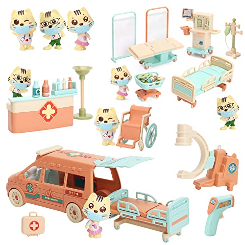 32 PCS Katze Puppen Arzt Haustier Pretend Play Spielzeug, Figuren Playset Spielzeug, Krankenhaus Ambulanz Spielzeug mit Lichtern und Sound, Pädagogisches Spielzeug Geschenk für Kinder Jungen Mädchen von BananMelonBM