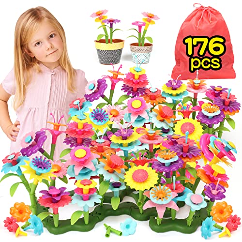 BananMelonBM 176PCS Spielzeug ab 3 Jahre Mädchen, Steckblumen Mädchen Geschenke 3 Jahre Blumengarten Weihnachten Geschenke 3 4 5 Jahre, Kunst Blumenarrangement mit Aufbewahrungskiste von BananMelonBM