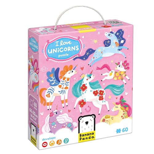 I Love Unicorns Puzzle 4+, 60 Teile Lernpuzzle für Kinder 4+, Bodenpuzzle Einhörner von Banana Panda