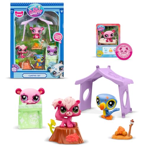 BANDAI Littlest Pet Shop - Pack Set Camping 3 Tiere und Zubehör - Pet Shop Panda, Tukan, Eichhörnchen - Spielzeugset mit niedlichen Mini-Tierfiguren - Spielzeug für Kinder ab 4 Jahren - BF00574 von BANDAI