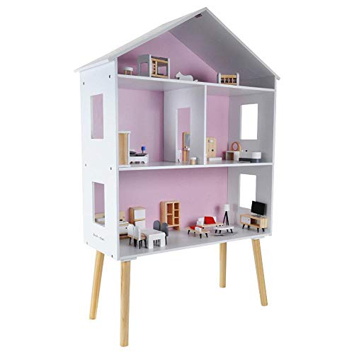Bandits & Angels Puppenhaus aus Holz, weiß-rosa, Modern Villa ab 3 Jahren, 115,5 cm hoch – inklusive 47 Möbelstücken – Puppenhaus – Puppenspielzeug von Bandits & Angels