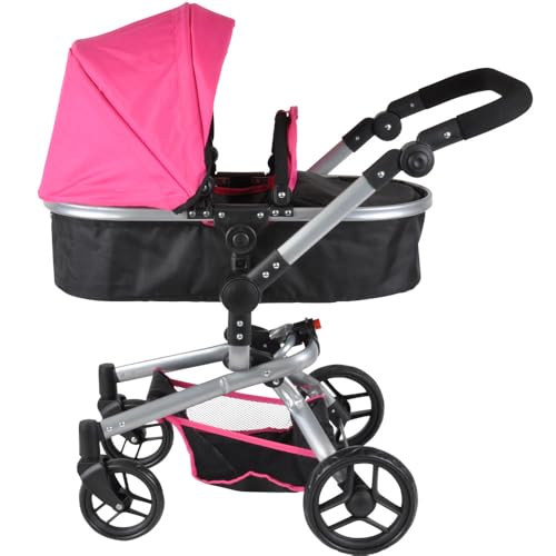 Bandits & Angels Puppenwagen Black Angel 2-in-1 ab 3 Jahren – Puppenwagen – Für Mädchen – Verstellbare Schiebestange 48-81 cm – Vollständig zusammenklappbar – Mit Einkaufskorb von Bandits & Angels