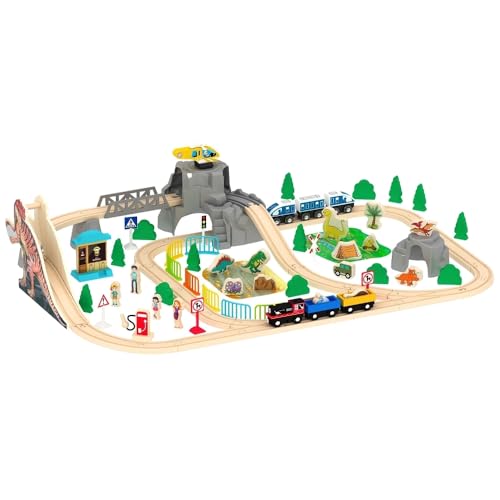 Bandits & Angels Holzeisenbahn-Set Dinosaurier 90 Teile ab 3 Jahren für Jungen und Mädchen – Holzeisenbahn-Set für Kinder – Eisenbahngleise mit Zubehör – 90 Teile von Bandits & Angels