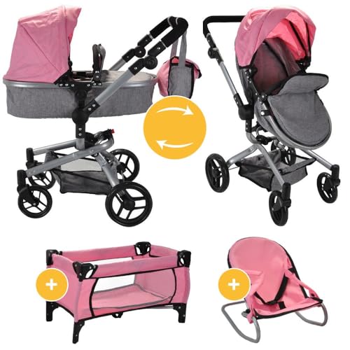 Bandits and Angels Moderner Angel 4-in-1 Softpink Megapack Puppenwagen ab 3 Jahren für Mädchen – Spielzeug-Kinderwagen, Buggy, Puppenbett und Wippe – Rollen – mit Wickeltasche – Puppenwagen Hellrosa Bandits and Angels Moderner Angel 4-in-1 Softpink Megapack Puppenwagen ab 3 Jahren für Mädchen – Spielzeug-Kinderwagen, Buggy, Puppenbett und Wippe – Rollen – mit Wickeltasche – Puppenwagen Hellrosa von Bandits & Angels