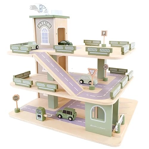 Bandits & Angels Holzspielzeuggarage Bandits Parkerlebnis mit 3 Etagen und Aufzug – inklusive 4 Autos – Spielzeugautogarage aus Holz – Retro-Grün von Bandits & Angels