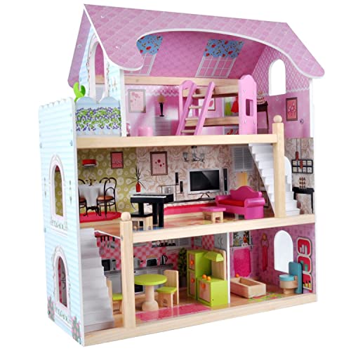 Bandits & Angels Puppenhaus aus Holz, Rosa, Angels Villa ab 3 Jahren, 70 cm hoch – inklusive 15 Möbelstücken – Puppenhaus – Puppenspielzeug von Bandits & Angels