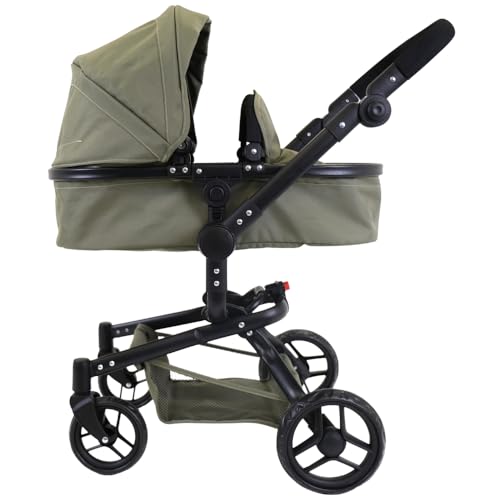 Bandits & Angels Puppenwagen Grün Modern Angel 2in1 Retro Grün ab 3 Jahren – Puppenbuggy – Für Mädchen – Verstellbarer Schieber 48-81 cm – Komplett zusammenklappbar – Mit Einkaufskorb von Bandits & Angels