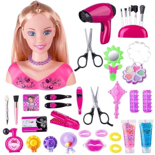 Bankeep Frisier- und Make-up-Kopf für Kinder, Pretend Playset, 34-teiliges Styling-Set für Kopf, Puppe, Frisur, Spielzeug mit Haartrockner für kleine Mädchen Bankeep Frisier- und Make-up-Kopf für Kinder, Pretend Playset, 34-teiliges Styling-Set für Kopf, Puppe, Frisur, Spielzeug mit Haartrockner für kleine Mädchen von Bankeep