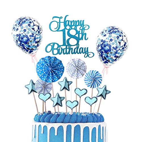 Banydoll Tortendeko Geburtstag, 18 Kuchendeko Geburtstag Blau, Happy Birthday Cake Topper mit Konfetti Luftballons Papierfächer für 18 Geburstagstorte von Banydoll