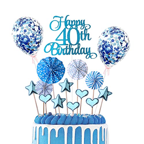 Banydoll Tortendeko Geburtstag, 40 Kuchendeko Geburtstag Blau, Happy Birthday Cake Topper mit Konfetti Luftballons Papierfächer für 40 Geburstagstorte von Banydoll