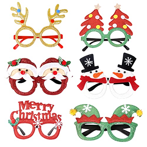 Glitzer Weihnachten Brillengestell, Weihnachten Brillen Gläser, Weihnachtsbrillen Dekoration, 6 Stück Weihnachten Brille Rahmen Kinder Partybrillen Lustige Brille für Party Kostüm Partydekoration von Banydoll
