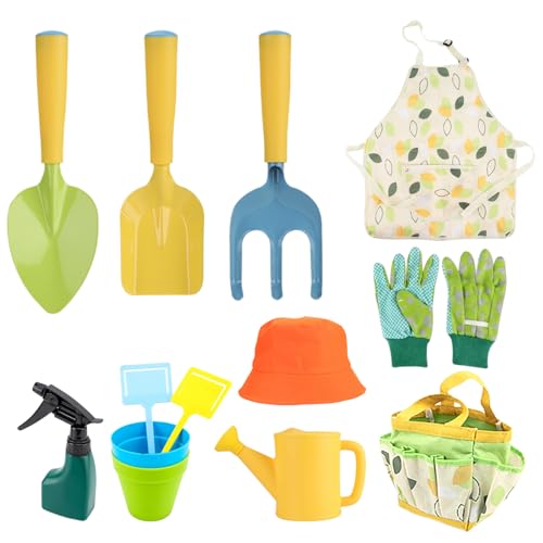 Banziaju 11PCS Kids Gartenset, Kleinkindgartenset einschließlich Schaufel, Rechen, Wassertopf, Handschuhe, Schürze, Hut, Blumenpot ＆ Einkaufstasche, Gartenspielzeug im Freien für Jungen Mädchen von Banziaju