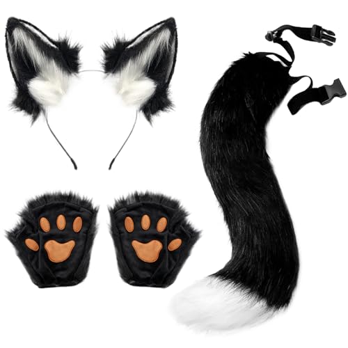 Banziaju Therian Maske und Heckset, 3pcs Fuchs Ohren und Schwanztherianische Pfoten, flauschige Fuchskostüm -Fell -Therian -Ausrüstung für Cosplay, Halloween Masquerade, weiße Schwarz Banziaju Therian Maske und Heckset, 3pcs Fuchs Ohren und Schwanztherianische Pfoten, flauschige Fuchskostüm -Fell -Therian -Ausrüstung für Cosplay, Halloween Masquerade, weiße Schwarz von Banziaju