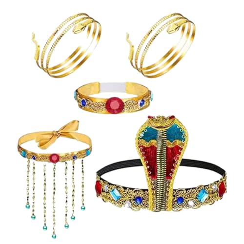 Baoblaze 5 x ägyptische Kostümzubehör für Damen, Halskette und Armband, Kostüm, Schlangen-Perlen-Kopfbedeckung für Karneval, Geschenke, Abschlussball von Baoblaze