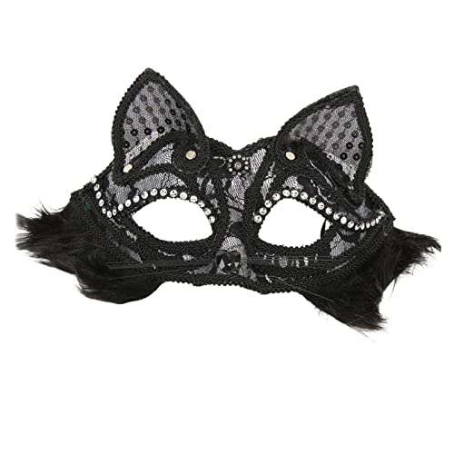 Baoblaze Damen Maskerade Ball Maske Cosplay Halbgesichtsmaske Augenbinde Tier Komfortable Spaß Spitzenmasken für Halloween Party Favor Stage Performance, Schwarz mit Haaren von Baoblaze