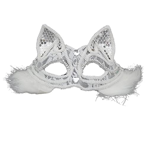Baoblaze Damen Maskerade Ball Maske Cosplay Halbgesichtsmaske Augenbinde Tier Komfortable Spaß Spitzenmasken für Halloween Party Favor Stage Performance, Weiß mit Haaren von Baoblaze