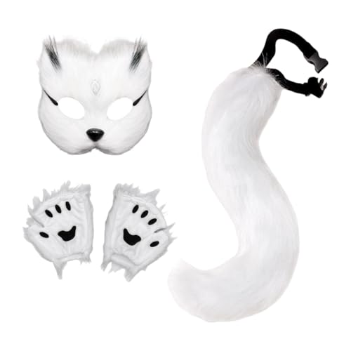 Baoblaze Tiermaske und Schwanz-Set. Verkleiden Sie Sich hübsch mit Handschuhen für die Feiertags-Halloween-Party, Weißer Schwarzer Chip von Baoblaze