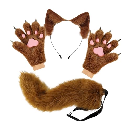 Baoblaze Tierohr-Stirnband, Schwanzhandschuhe, Set, Nachahmung, zu tragen, Langer Schwanz für Anime-, Braun von Baoblaze