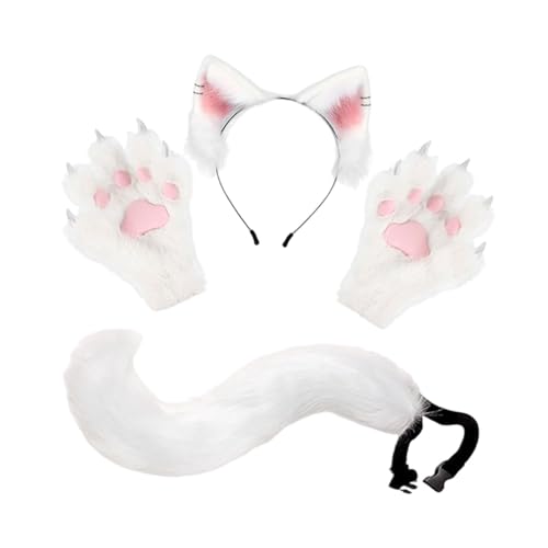 Baoblaze Tierohr-Stirnband, Schwanzhandschuhe, Set, Nachahmung, zu tragen, Langer Schwanz für Anime-, Weiß von Baoblaze