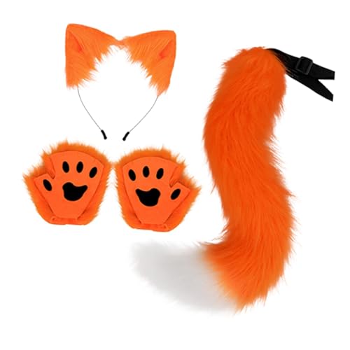 Baoblaze Tierohren und Schwanz Set für Erwachsene Pfotenhandschuhe für Karnevalsauftritte, Orange von Baoblaze