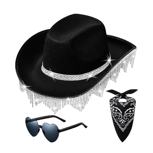 Baoblaze Western-Quasten-Cowboyhut-Sonnenhut mit Bandana-Sonnenbrille, breiter Krempe, Trendiger Hut für Rollenspiel-Requisiten, Kostüm-Verkleidung, Schwarz von Baoblaze