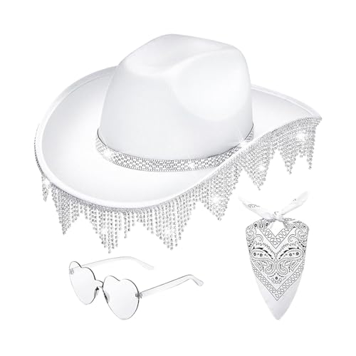 Baoblaze Western-Quasten-Cowboyhut-Sonnenhut mit Bandana-Sonnenbrille, breiter Krempe, Trendiger Hut für Rollenspiel-Requisiten, Kostüm-Verkleidung, Weiß von Baoblaze