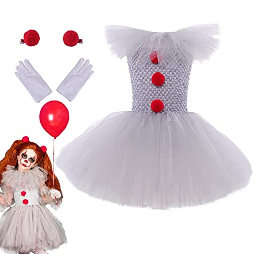 Baogao Halloween Cosplay Kostüme Für Kinder, Halloween-Kostüm Mädchen, Gruseliges Clown-Kostüm, Pennywise, Tutu-Kleid Mit Handschuhen Und Roter Haarnadel, Karneval von Baogao