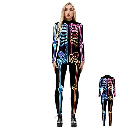 Baogao Halloween Skelett Kostüm Damen Jumpsuit 3D Print Langarm Skinny Skeleton Catsuit Cosplay Overall Body Karneval Fasching Weihnachten Fest Verkleidungsparty von Baogao