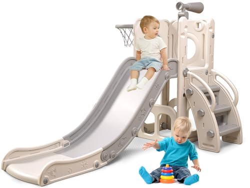 Baotree 6-in-1 Kleinkind-Spielset mit Rutsche, Kinderrutsche mit Basketballkorb, Ball, Ringwurf, Indoor-Outdoor-Spielzeug (Weiß Grau) von Baotree
