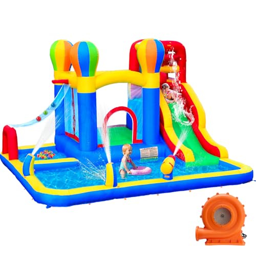 Baralir Aufblasbare Hüpfburg Indoor, Trocken-/Wasserrutsche, geeignet für Kinder von 3 bis 8 Jahren, Hüpfburg Outdoor mit Gebläse 340×335×209CM von Baralir