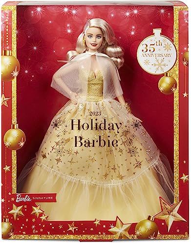 Barbie 2023 Holiday Puppe - 35. Jubiläumsedition mit goldenem Kleid, glitzernden Sternendetails und Echtheitszertifikat, saisonales Sammlergeschenk für Kinder ab 6 Jahren, HJX08 von Barbie